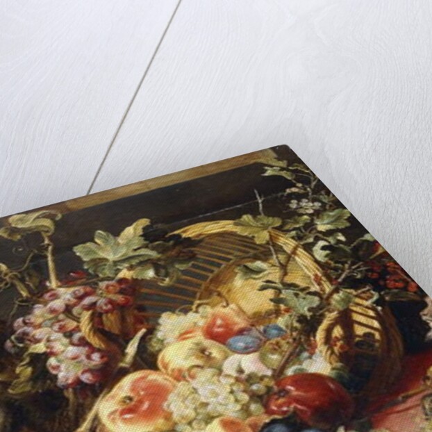 A Spilled Basket of Fruits on a Draped Table with Monkeys by Frans Snyders or Snijders