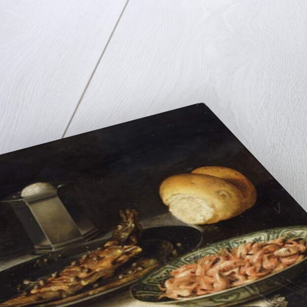 A Herring with Capers and a Sliced Orange on Plates and a Bowl of Shrimp on a Table by Clara Peeters