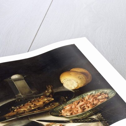 A Herring with Capers and a Sliced Orange on Plates and a Bowl of Shrimp on a Table by Clara Peeters