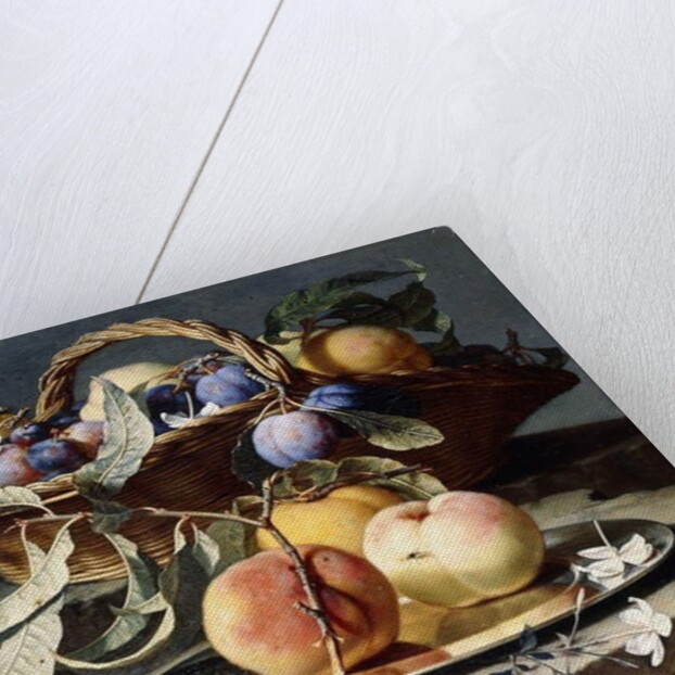 Peaches and Plums in a Wicker Basket, Peaches on a Silver Dish and Narcissi on Stone Plinths by Christian Berentz