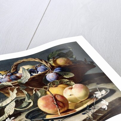 Peaches and Plums in a Wicker Basket, Peaches on a Silver Dish and Narcissi on Stone Plinths by Christian Berentz