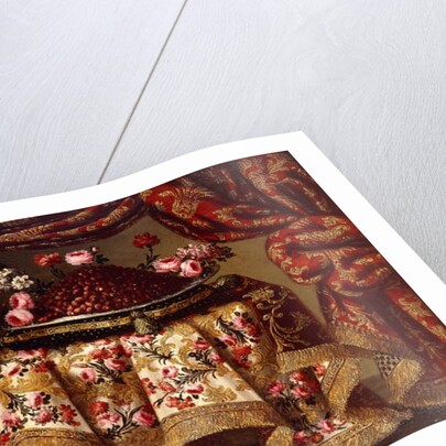 A platter of Strawberries with Flowers on a Pillow and a Tazza of Figs on a Table draped with an Embroidered Cloth, with Birds and Chest beside a Curtain and Window by Antonio Gianlisi