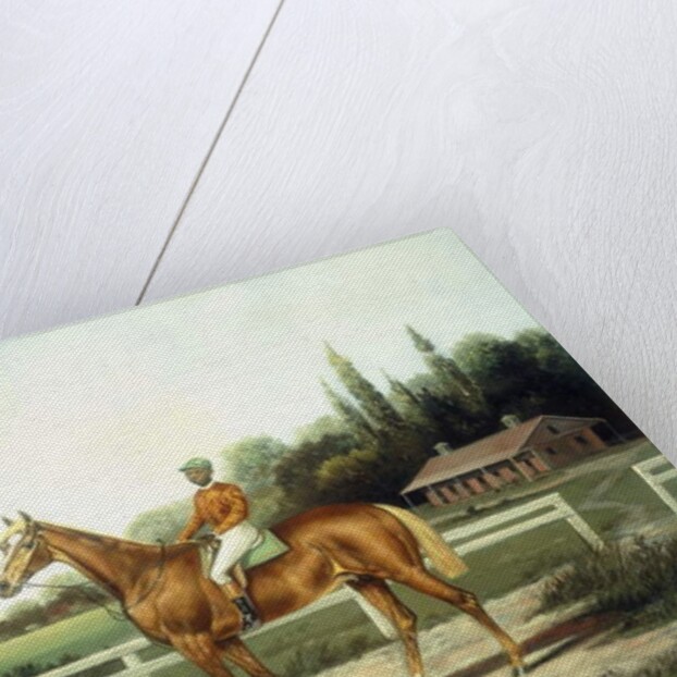 A Chestnut Racehorse with Jockey Up on a Training Track with Stables Beyond by Henry H. Cross