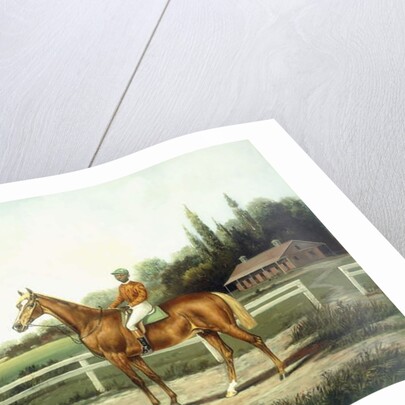 A Chestnut Racehorse with Jockey Up on a Training Track with Stables Beyond by Henry H. Cross
