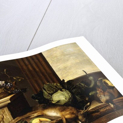 Fruit in a Wicker Basket with Figs on a Plinth, Dead Game, a Cabbage, a Melon, a Gourd and an Artichoke on a stone Ledge, a Window beyond by Pierre Dupuis