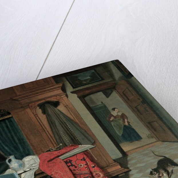 Interior with a carpet, a sword and a jug on a table, a cello on a chair, a coat hanging on a cupboard, a cat playing with a ball, a maid beyond by Cornelis de Man