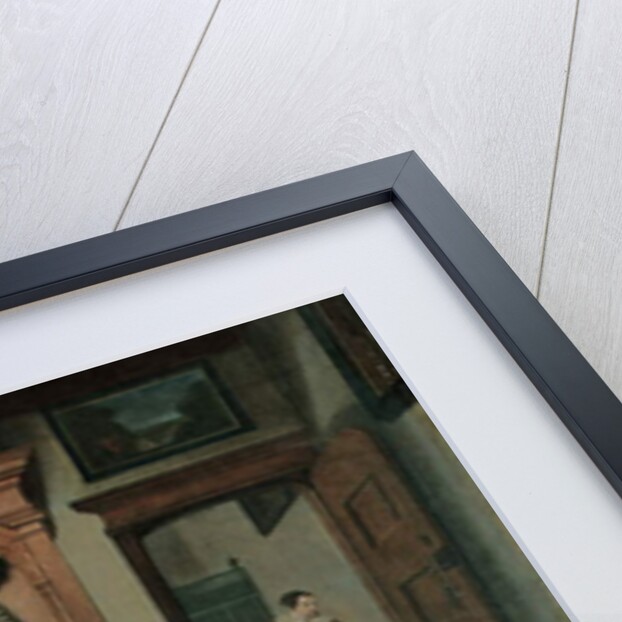 Interior with a carpet, a sword and a jug on a table, a cello on a chair, a coat hanging on a cupboard, a cat playing with a ball, a maid beyond by Cornelis de Man