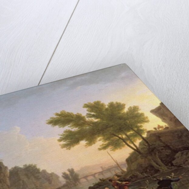 Fisherman in a landscape with a cascade and a bridge by Claude Joseph Vernet