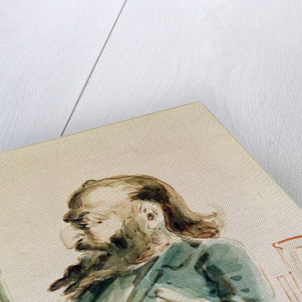 Caricature of Gustave Courbet holding the Colonne de Vendome by Dupendant Dupendant