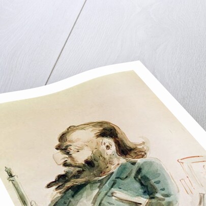 Caricature of Gustave Courbet holding the Colonne de Vendome by Dupendant Dupendant