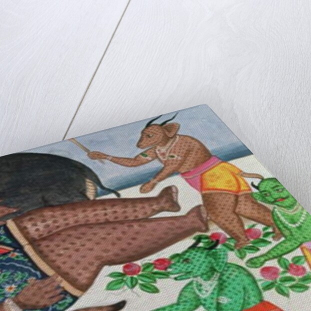 Ramayana scene: a group of demons awakening their prince in hibernation by School Indian