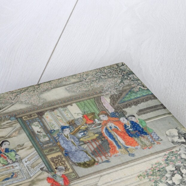 Scene in a garden with a family receiving visitors by School Chinese