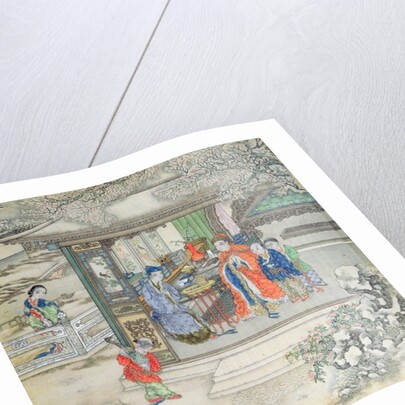 Scene in a garden with a family receiving visitors by School Chinese