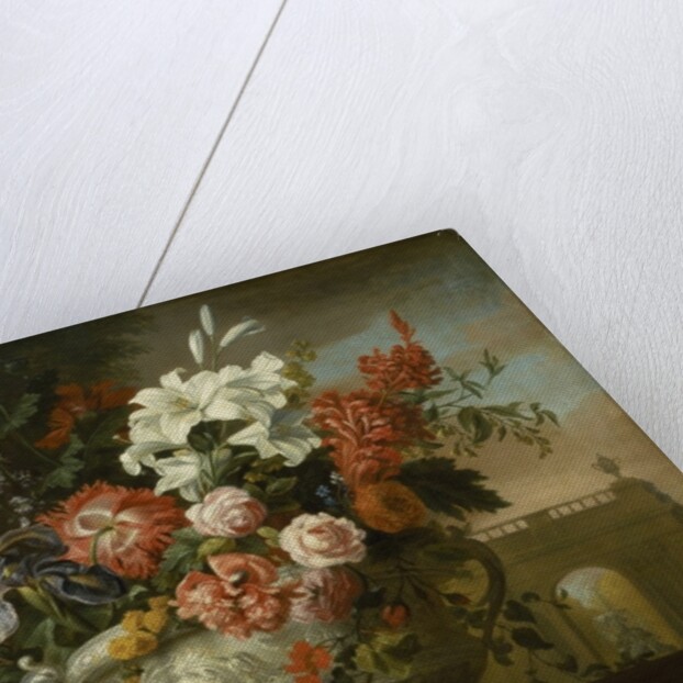 Still life with flowers in an urn, with a monkey, on a ledge, c.1699 by Jakob Bogdani or Bogdany