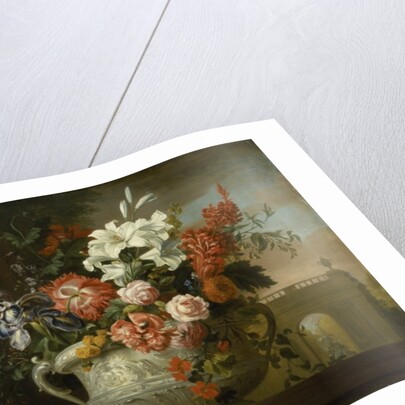 Still life with flowers in an urn, with a monkey, on a ledge, c.1699 by Jakob Bogdani or Bogdany