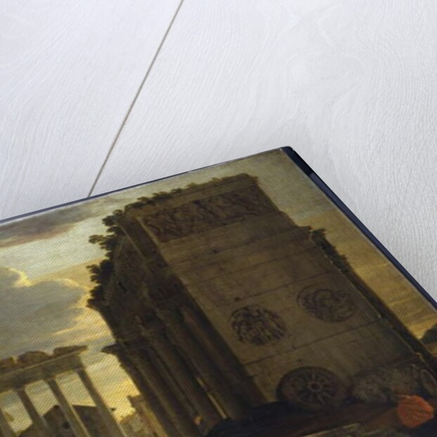 Capriccio view with figures by a triumphal arch and the Temples of Saturn and Jupiter Tonans by Jean Lemaire