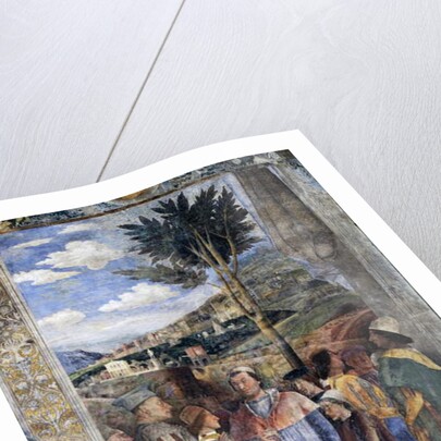 L. Gonzaga, his sons Cardinal Francesco Gonzaga, Federico I Gonzaga, Francesco, Sigismondo, on right, Holy Roman Emperor Frederick III, Christian I of Denmark, Meeting wall by Andrea Mantegna