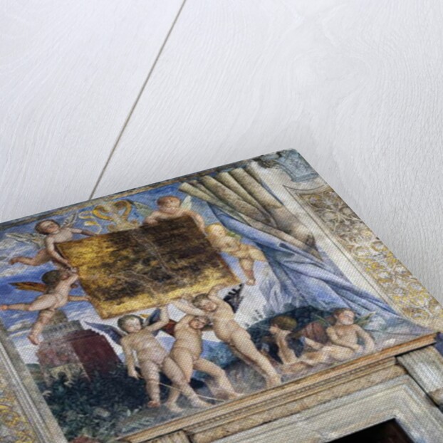 Winged cherubs holding the dedicatory plaque, detail from the Meeting wall, central part, 1465-1474 by Andrea Mantegna