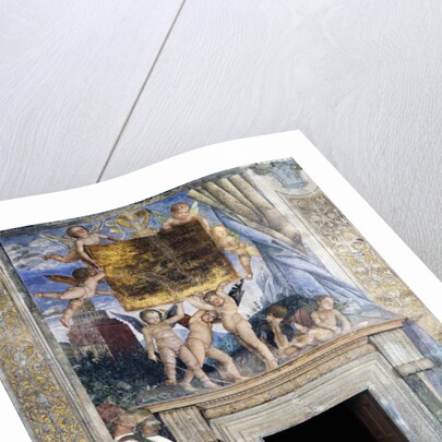 Winged cherubs holding the dedicatory plaque, detail from the Meeting wall, central part, 1465-1474 by Andrea Mantegna