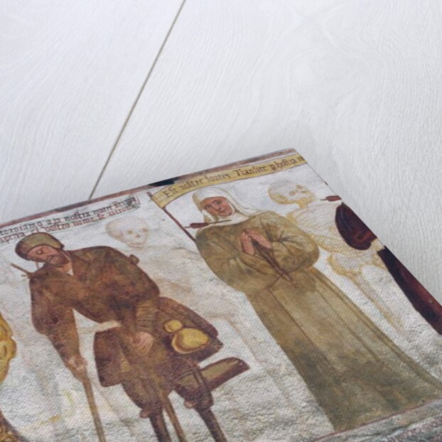 Death with the young man, the beggar, and the nun, detail from The Dance of Death, 1539 by Simone II Baschenis