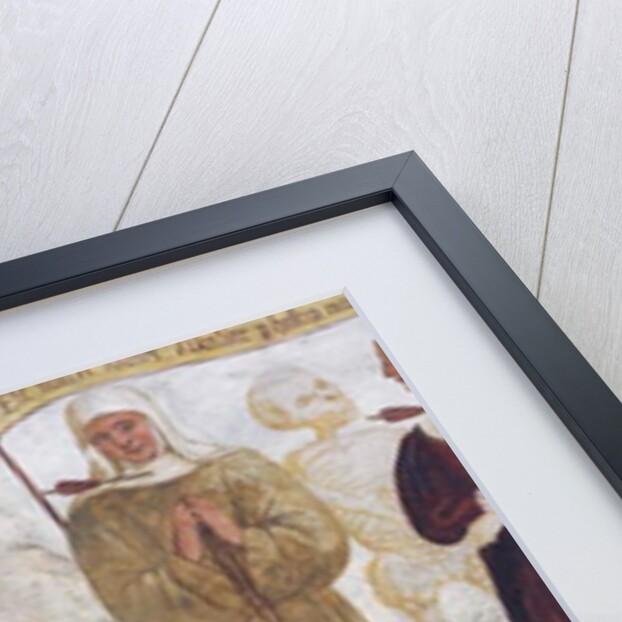 Death with the young man, the beggar, and the nun, detail from The Dance of Death, 1539 by Simone II Baschenis