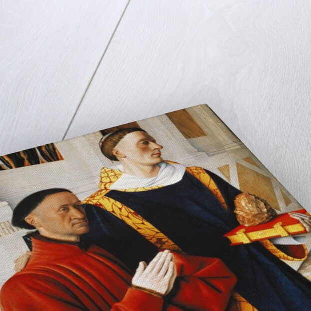 Left hand panel of the Melun Diptych: Etienne Chevalier with his patron saint St Stephen, 1452 by Jean Fouquet