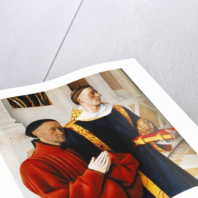 Left hand panel of the Melun Diptych: Etienne Chevalier with his patron saint St Stephen, 1452 by Jean Fouquet