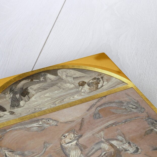 Diptych with fish and ducks in pond by Edoardo Gioja