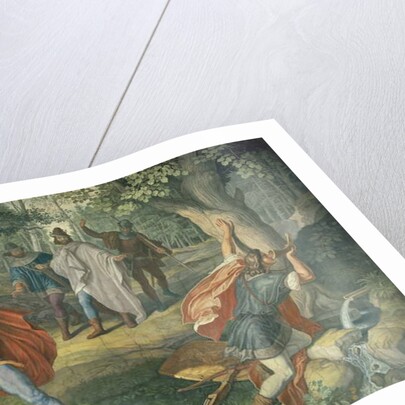 Hagen killing Siegfried at fountain, Hall of Nibelungens, 1831-1867 by Julius Schnorr von Carolsfeld