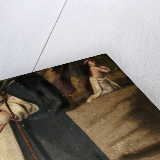 Detail showing the lily, staff and dog with torch, attributions of St. Dominic by Spanish School