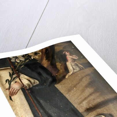 Detail showing the lily, staff and dog with torch, attributions of St. Dominic by Spanish School