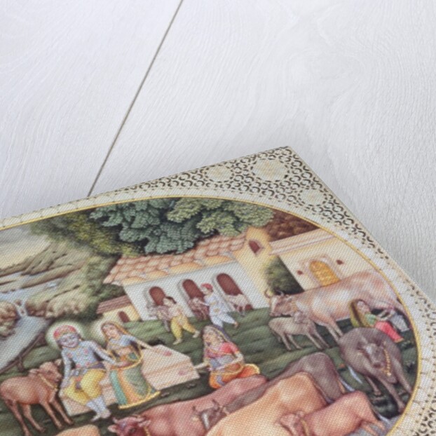 Miniature of Krishna a milkmaid seated in a field with cattle by School Indian