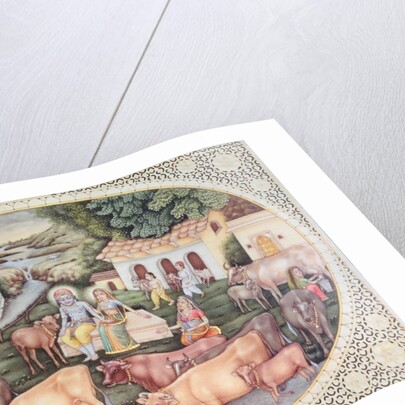 Miniature of Krishna a milkmaid seated in a field with cattle by School Indian