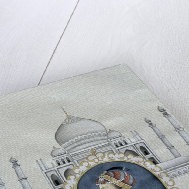 Portrait of Shah Jahan and the Taj Mahal which he built to house the tomb of his wife by School Indian