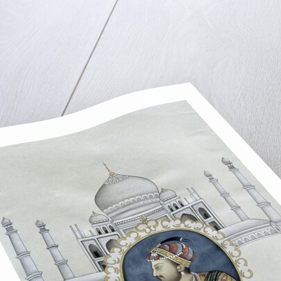 Portrait of Shah Jahan and the Taj Mahal which he built to house the tomb of his wife by School Indian