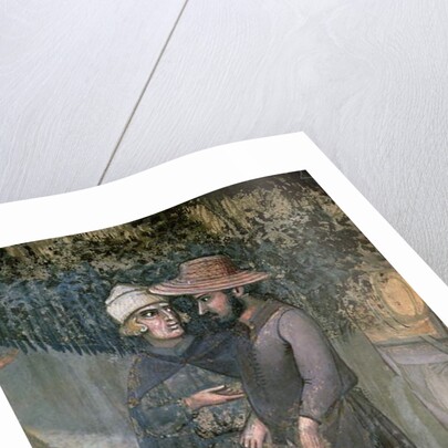 Effects of Good Government in the Countryside, detail of two men walking and talking, 1388-40 by Ambrogio Lorenzetti