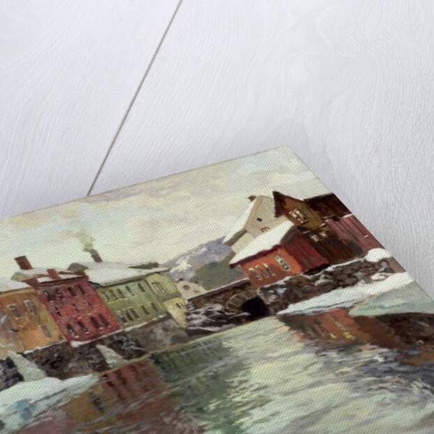 Snow-covered buildings by a river by Fritz Thaulow