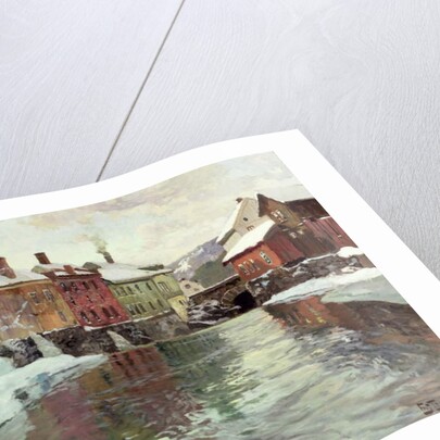 Snow-covered buildings by a river by Fritz Thaulow