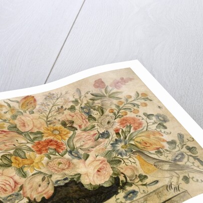 An urn containing flowers on a ledge with two birds, 1600 by Octavianus Montfort