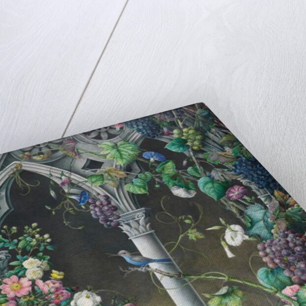 Bunches of Roses, Ipomoea and Grape-vines, Around an Arcade in a Fanciful Gothic Style, Two Birds, Species Unknown, and a Tiger Moth by Eugene Joseph Prevost