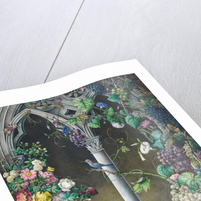 Bunches of Roses, Ipomoea and Grape-vines, Around an Arcade in a Fanciful Gothic Style, Two Birds, Species Unknown, and a Tiger Moth by Eugene Joseph Prevost