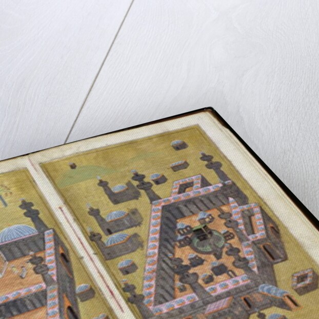 MS.343.f15v-16r The mosques at Medina & Mecca, from `Reasons for Charity', by Mustafa Al-Shukri, 1160 by Persian School