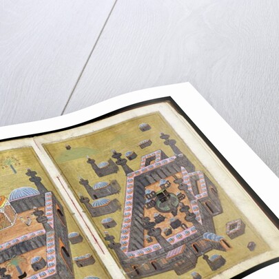 MS.343.f15v-16r The mosques at Medina & Mecca, from `Reasons for Charity', by Mustafa Al-Shukri, 1160 by Persian School