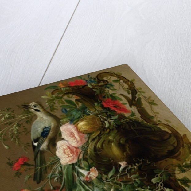 A Sculpted Stone Vase with Roses, Auricula, Poppies, Convulvulus, with a Jay on a Ledge, 1760 by Jacobes Vonck