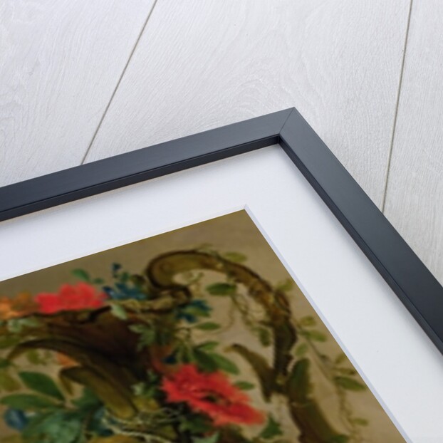 A Sculpted Stone Vase with Roses, Auricula, Poppies, Convulvulus, with a Jay on a Ledge, 1760 by Jacobes Vonck