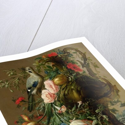 A Sculpted Stone Vase with Roses, Auricula, Poppies, Convulvulus, with a Jay on a Ledge, 1760 by Jacobes Vonck