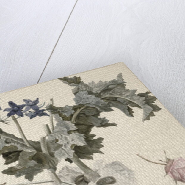 Double-flowered opium poppies, poppy leaves, delphinium and a rosebud by Eelke-Jelles Eelkema