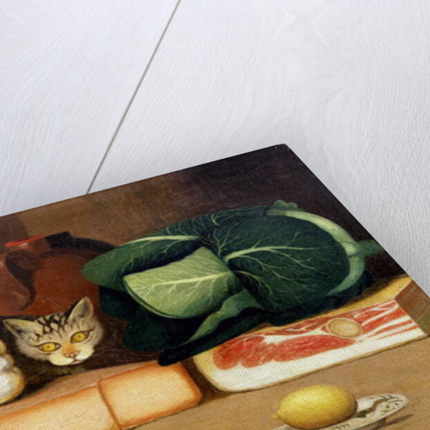 Larder still life with a cat hunting a mouse, c.1840 by English School