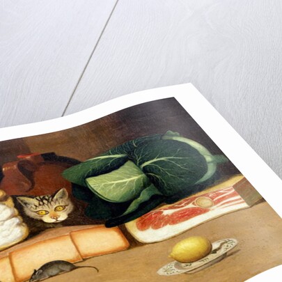 Larder still life with a cat hunting a mouse, c.1840 by English School