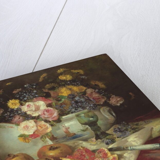 Still life of flowers in a Chinese vase with pomegranates by Eugene Henri Cauchois